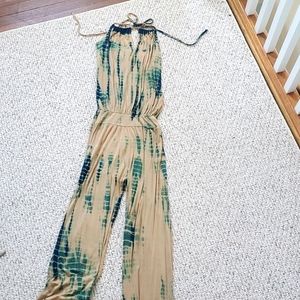 Tie dye jumpsuit jersey knit navy and tan eith a little dark teal